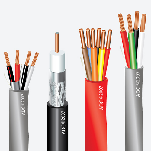 Four different ADC cables with jacket cut to expose the wires and insulation inside.