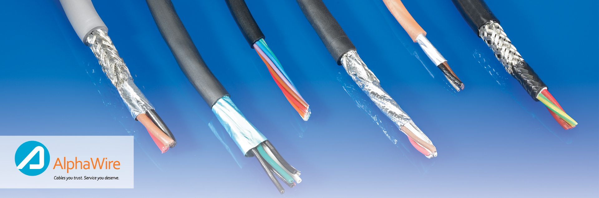 Selection of six AlphaWire Xtra-Guard cables with the inside wires exposed